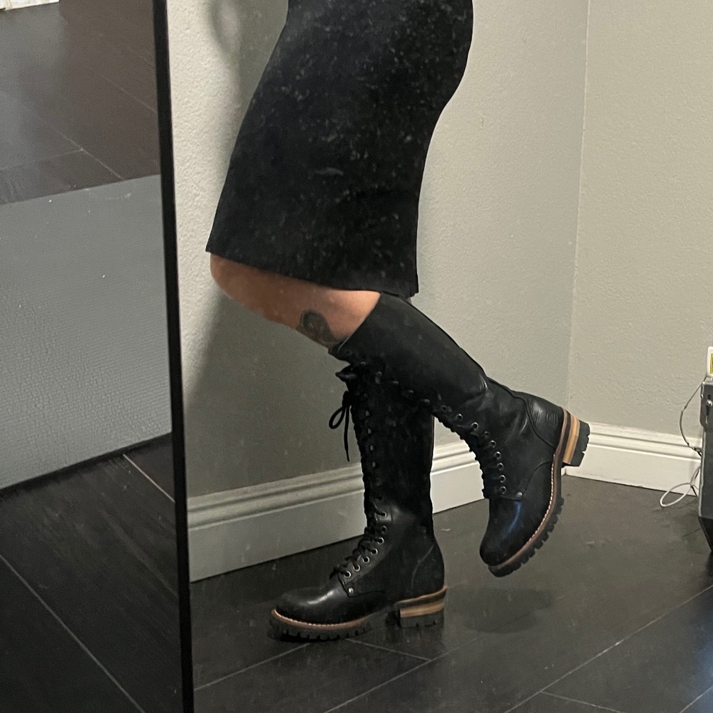 90s knee high lace up boots genuine leather logger black Skechers goodyear welt - Picture 15 of 16